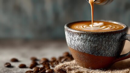 Close-up of barista’s hands as they pour a latte, focusing on the swirling milk forming a pattern on the coffee’s surface.
