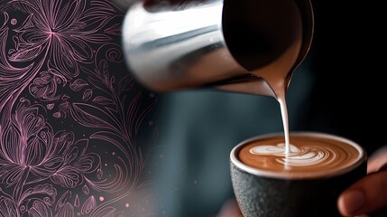 Close-up of barista’s hands as they pour a latte, focusing on the swirling milk forming a pattern on the coffee’s surface.
