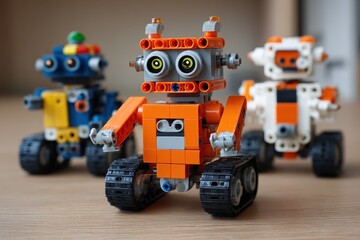 Fototapeta premium Engaging and educational robotics for kids showcasing colorful and interactive robot models built from modular pieces on a wooden surface