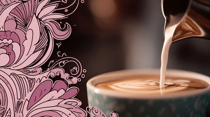 Close-up of barista’s hands as they pour a latte, focusing on the swirling milk forming a pattern on the coffee’s surface.