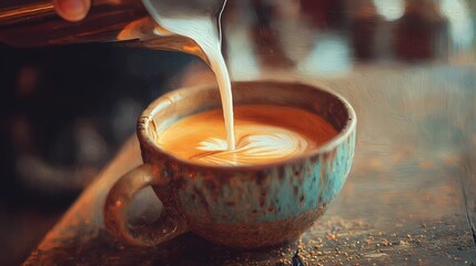 Close-up of barista’s hands as they pour a latte, focusing on the swirling milk forming a pattern on the coffee’s surface.
