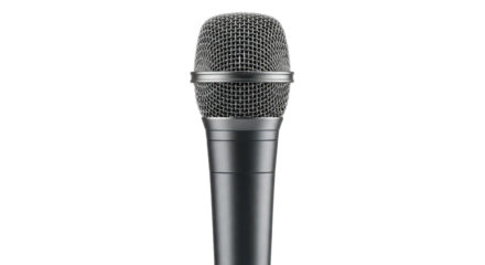 Close-up of professional handheld microphone against black background, studio quality audio equipment for speeches, performances, and recordings with high detail and sleek design