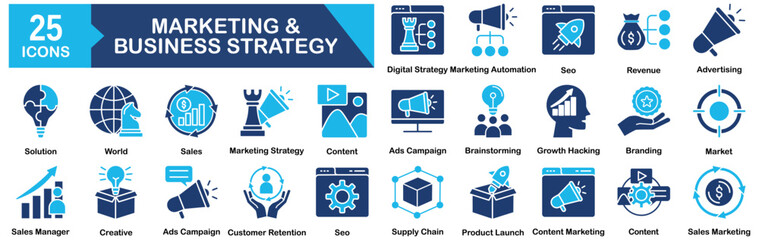 Marketing And Business Strategy Icon Set 25 Outline Icons In Modern Style
