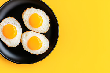 Three perfectly fried eggs with bright yellow yolks sit on a black plate, contrasted beautifully against a vibrant yellow background, creating a striking visual.