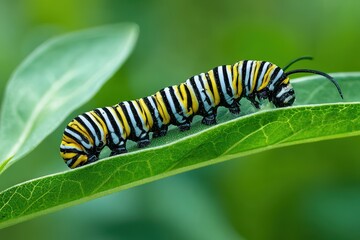 Naklejka premium Caterpillar Monarch on Leaf. Close-up of Nature's Green Bug Larvae Feeding on Milkweed
