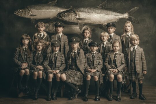 Group of children dressed in formal school attire posing with large fish in a vintage studio setting