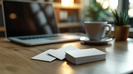 Laptop and coffee sit beside blank cards on wooden desk