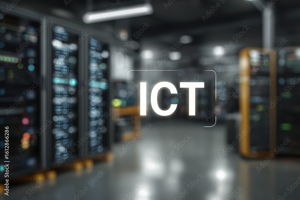 Poster focus on ict infrastructure in a modern data center showcasing high-tech equipment and systems used 