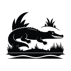 Silhouette of a crocodile resting peacefully on a riverbank under a bright sky