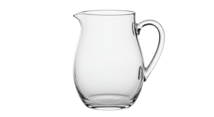 Elegant glass pitcher with curved handle and spout on black background, stylish liquid pitcher for water, juice or cocktails with sleek transparent design