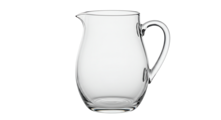 Elegant glass pitcher with curved handle and spout on black background, stylish liquid pitcher for water, juice or cocktails with sleek transparent design