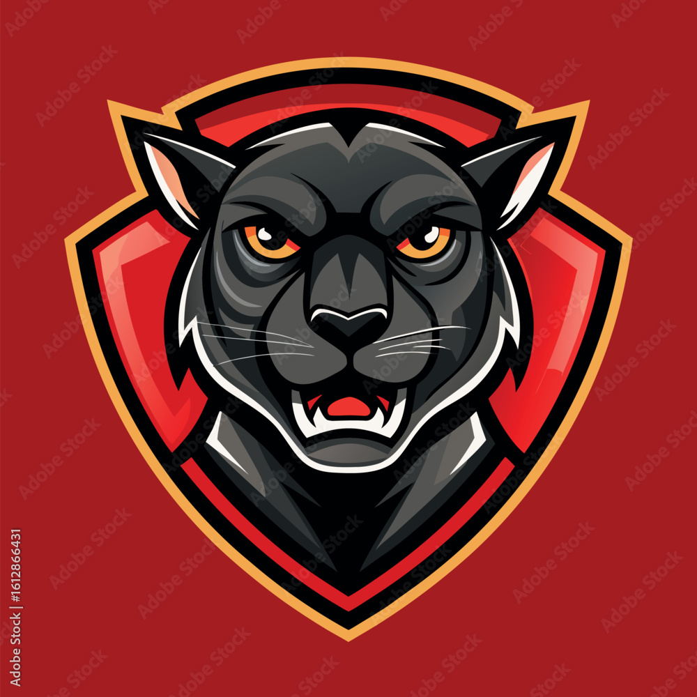 Poster panther head logo with fierce expression on a red background displaying strength and power in design