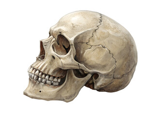 Realistic human skull in profile against a black background