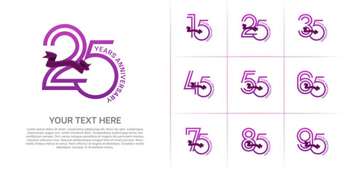 Anniversary logo type set with double line number. purple color with ribbon can be use special moment