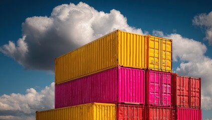 Fototapeta premium Stacked shipping containers, yellow, red, and pink, are set against a vibrant blue sky with puffy white clouds