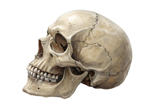Realistic human skull in profile against a black background