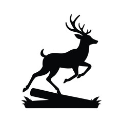 Silhouette of a deer gracefully leaping over a fallen log against a clean white background