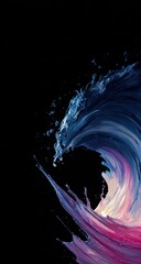 Abstract splash on black background. Fluid curves blend blue, white, and pink hues in a dynamic upward motion. Texture suggests thick paint or viscous liquid