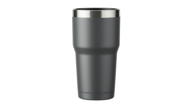 Gray stainless steel travel mug with sleek design and lid  