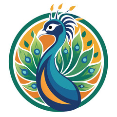 Vibrant peacock design with colorful plumage and intricate feather details set against a circular backdrop