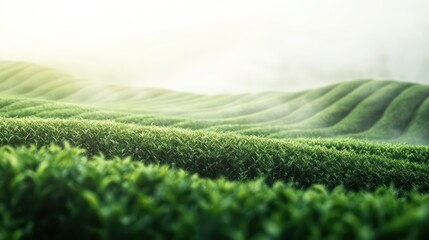 Lush green tea plantation with rolling hills and soft morning light