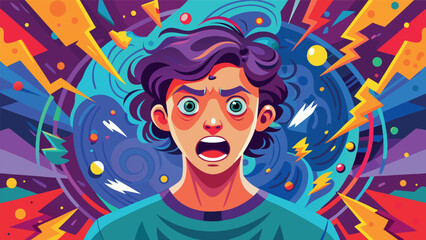 Emotional youth expressing shock amidst a vibrant, chaotic background of colors and shapes
