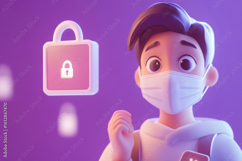 Poster man is holding a key and wearing a mask. cartoon figure in mask with login and password text lock an