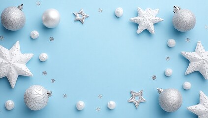 Festive light blue backdrop adorned with silver ornaments, including spheres, decorative stars, and glittery specks, arranged around a central empty space