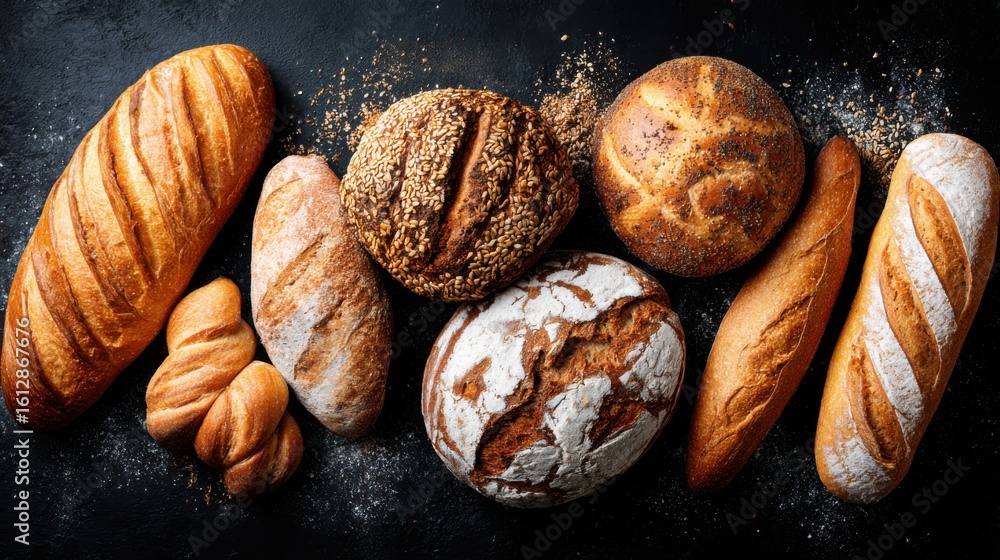 Poster a selection of freshly baked artisanal breads is artfully arranged on a dark surface. the loaves dis