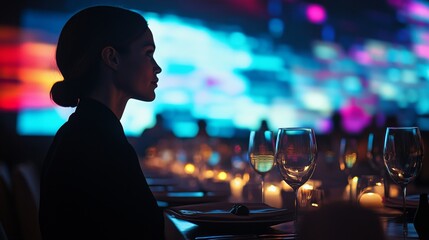 A woman sits in silhouette amidst vibrant lights. The ambiance suggests an elegant dining experience. This scene captures the essence of sophistication and connection. Generative AI