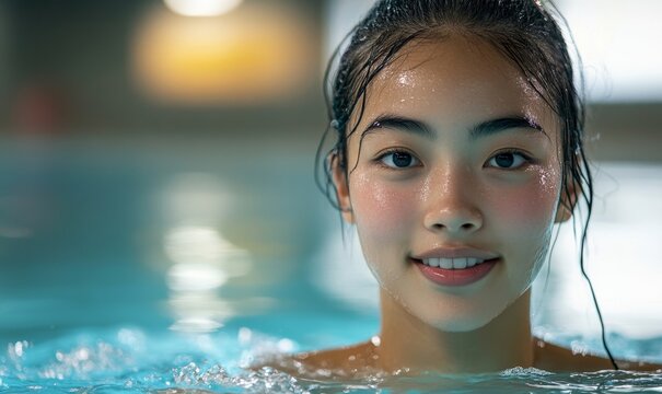 Portrait of a young Asian woman swimming in a pool, maintaining fitness as a dark-skinned female athlete, Generative AI