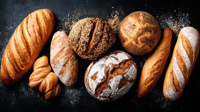 A selection of freshly baked artisanal breads is artfully arranged on a dark surface. The loaves display diverse shapes and crust textures, inviting a sense of warmth and craftsmanship.
