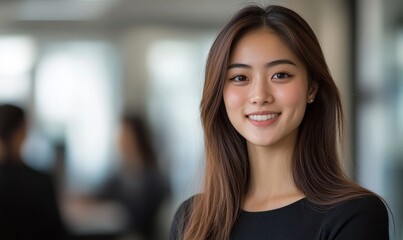 Fototapeta premium Portrait of a young Asian businesswoman celebrating a career milestone such as a job promotion, salary increase, or new hire with joy and enthusiasm, Generative AI