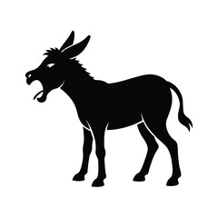 Silhouette of a donkey with its mouth open as if braying loudly against a clean white background