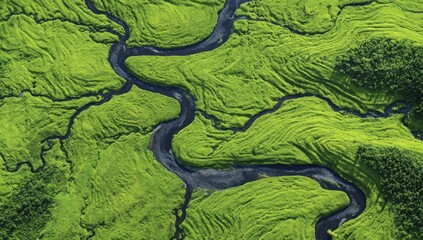 Aerial view of winding rivers carving through vibrant green fields