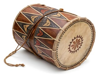 Ornate handcrafted drum with geometric patterns and natural materials