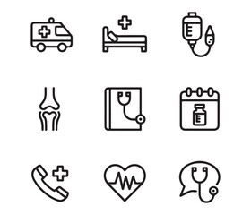 Collection of medical icons representing healthcare services and medical assistance for patients and healthcare professionals