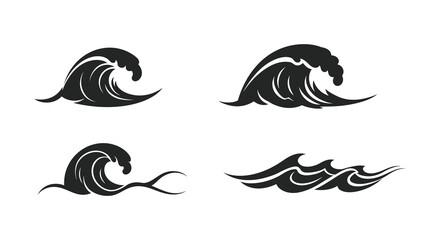 Set of Black and White Wave Illustrations on White Background