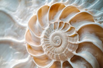 Spiral shell with a brown and white pattern. The detailed texture and natural design of the shell are showcased in beautiful intricate spiral formation.