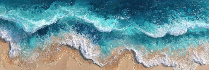 Aerial view of turquoise waves crashing on a sandy beach
