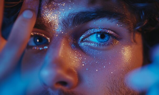 Close-up image of a man applying makeup in front of a mirror at home, highlighting his grooming routine, Generative AI