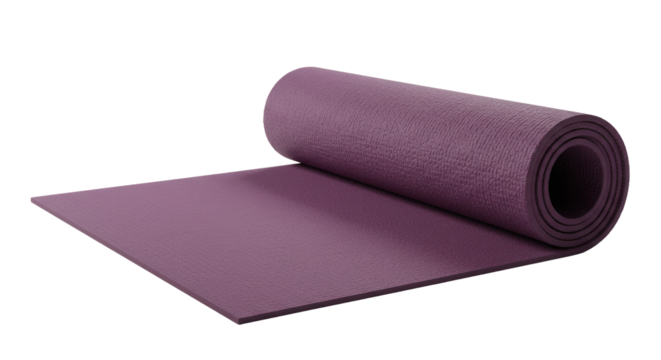 Purple yoga mat rolled out on a white background  