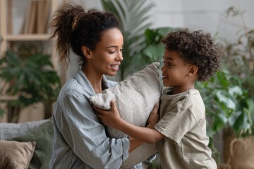 Mother engages in a playful pillow fight with her preschooler in a cozy, plant-filled living room setting during the afternoon
