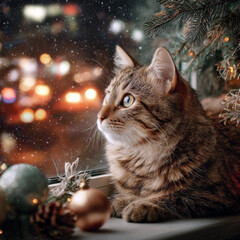 Tabby cat gazing at Christmas lights through window with bokeh glow