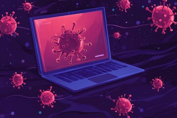 Computer screen with a virus. The image has a dark and ominous mood. Collection of computer virus detection icons System error warning on a laptop.