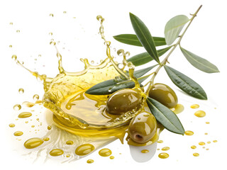 Fresh olive oil splash with green olives and leaves