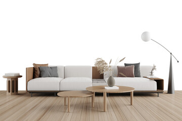 Isolated White Sofa and Coffee Table with Dried Grass Vase – Front View PNG with Shadow and Transparent Background