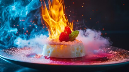 Delicious and visually stunning dessert creation featuring flames and smoke. A perfect culinary masterpiece to amaze guests. Captivating and vibrant at every angle. Generative AI