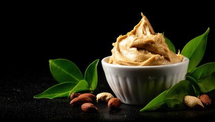 Swirl of creamy peanut spread in a small white bowl, garnished with fresh green leaves and scattered peanuts against a stark black background, emphasizing texture and natural ingredients