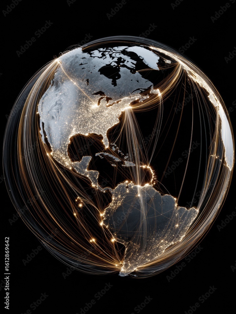 Poster interactive globe showcasing geography with illuminated light trails connecting continents, minimal 